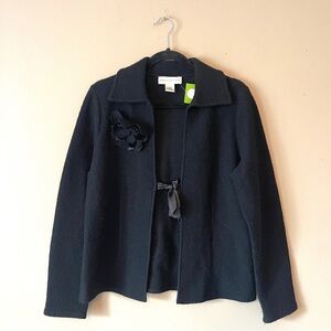 DONCASTER | Black Flower Brooch Wool Cardigan Sweater Sz M